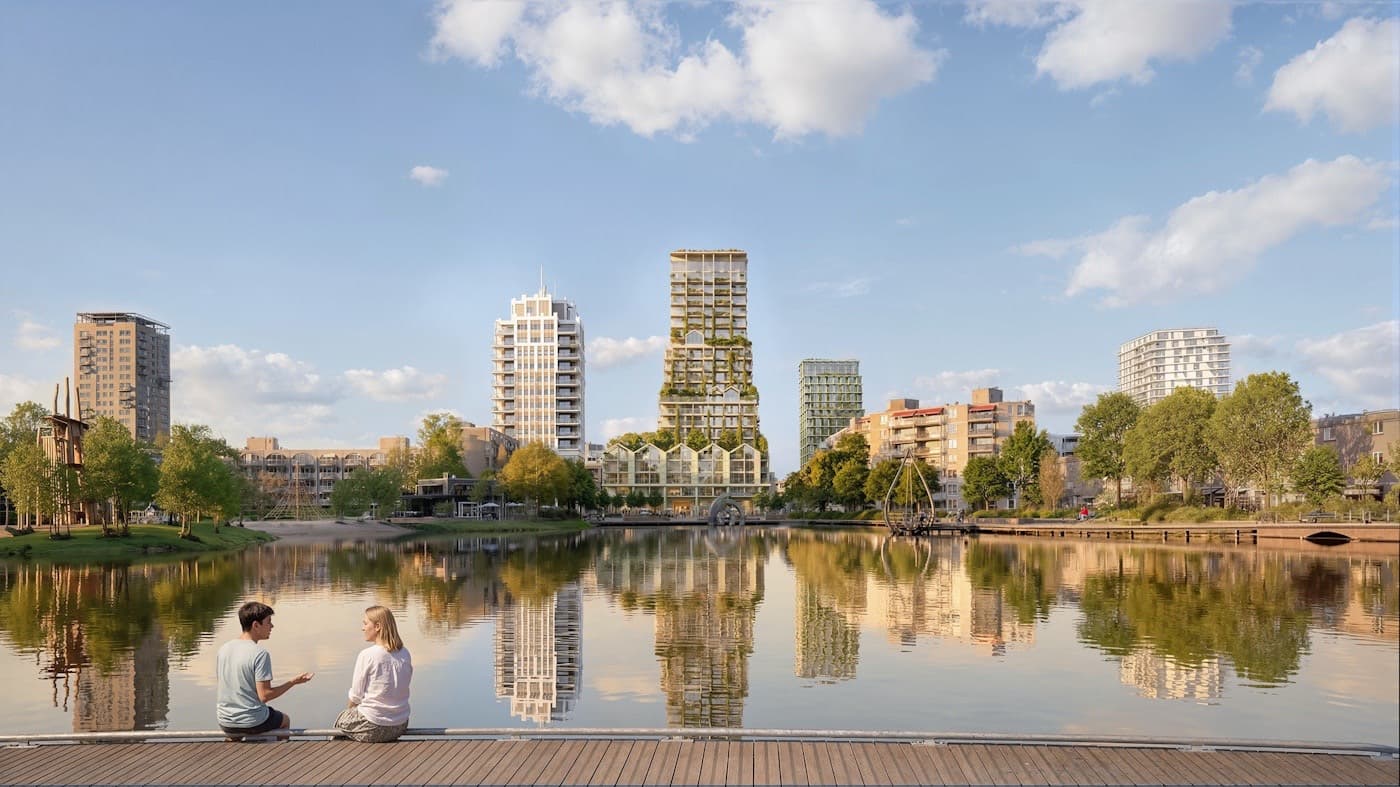 Impressie van een groene woontoren aan het water